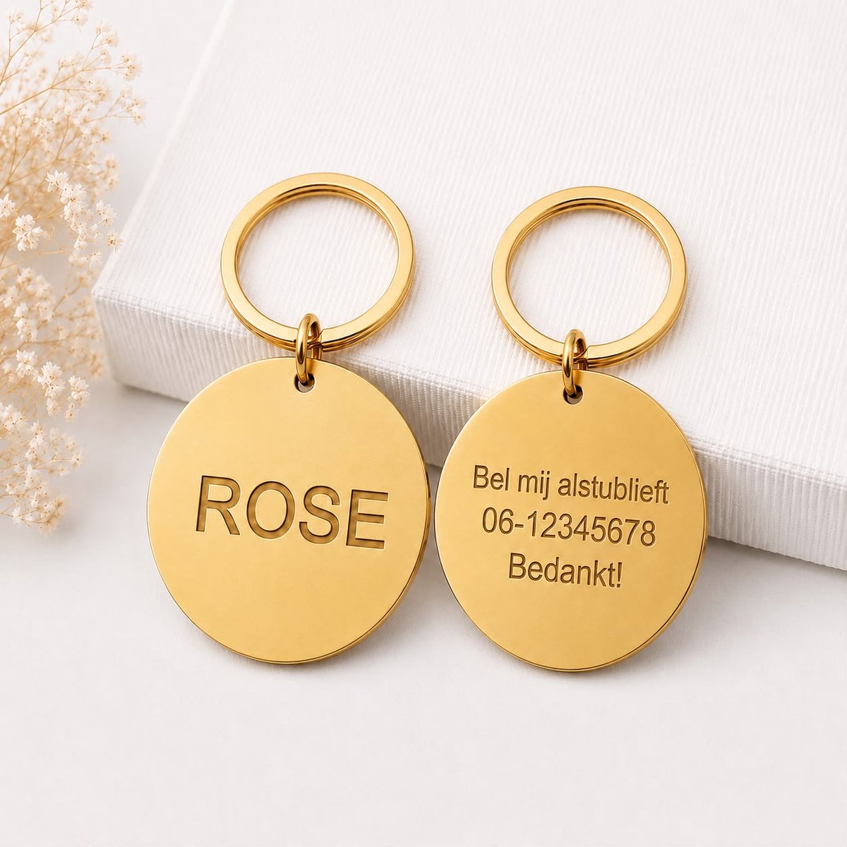 Gepersonaliseerde RVS Dierenpenning / Naamplaatje voor Huisdier – Gouden Ronde Hondenpenning en Kattenpenning met Naam, Telefoonnummer en Adres – Ronde Hondenpenning inclusief Graveren - Petshop Seven