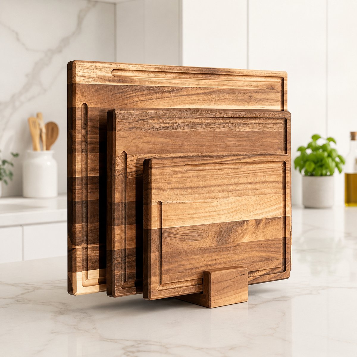 Dutchers® 4-delige Acacia Houten Snijplankenset – 3 Massief Houten Snijplanken met Houder – Verschillende Formaten – Premium Keuken Snijplanken