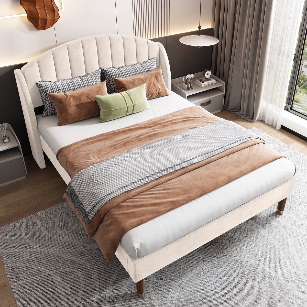 Gestoffeerd bedframe - voor matras 140 x 190 cm - beige - met lattenbodem - matras niet inbegrepen - voor de slaapkamer - dagelijks gebruik