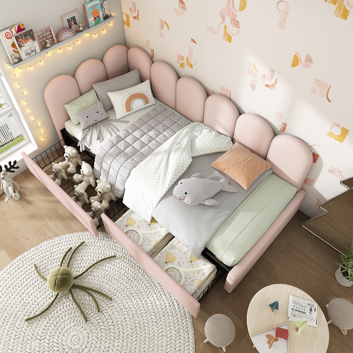Kinderbed - voor matras 90 x 200 cm - roze - met opbergruimte en lattenbodem - matras niet inbegrepen - voor de slaapkamer