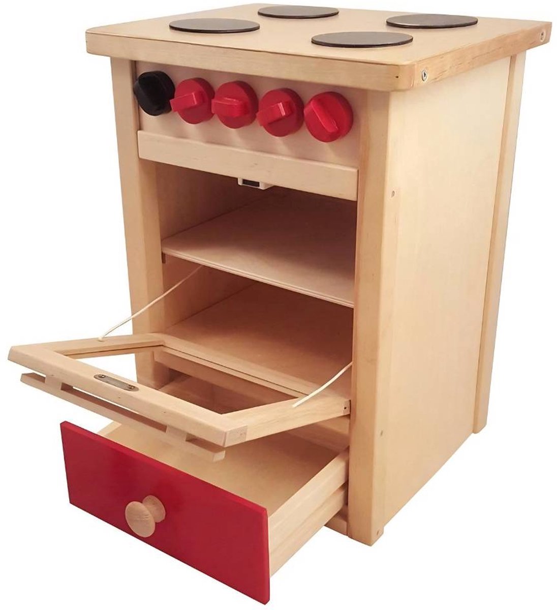 Playwood - Houten Fornuis met Oven en Lade - Speelgoed Keuken - Fornuis Speelgoed - Educatief Speelgoed - Houten Speelkeuken met 4 Kookpitten en Draaiknoppen - Kinderkeuken - Rollenspel Speelgoed - Voorgemonteerd en Gebruiksklaar - 63,5 cm