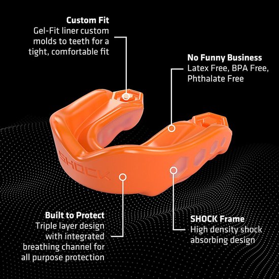 Oranje Shock Doctor mondbeschermer met "SHOCK FRAME" en "Gel-Fit liner" tekst.