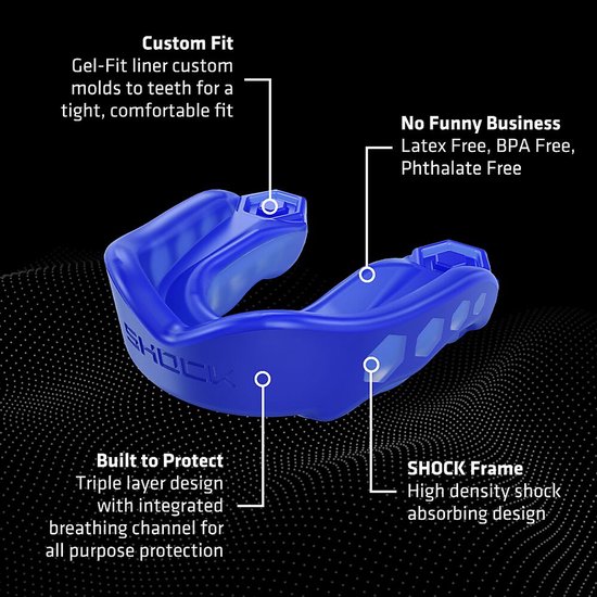 Koning-blauwe Shock Doctor mondbeschermer met "SHOCK" logo, met labels: "Custom Fit Gel-Fit liner", "No Funny Business Latex Free, BPA Free, Phthalate Free", "Built to Protect Triple layer design" en "SHOCK FRAME".