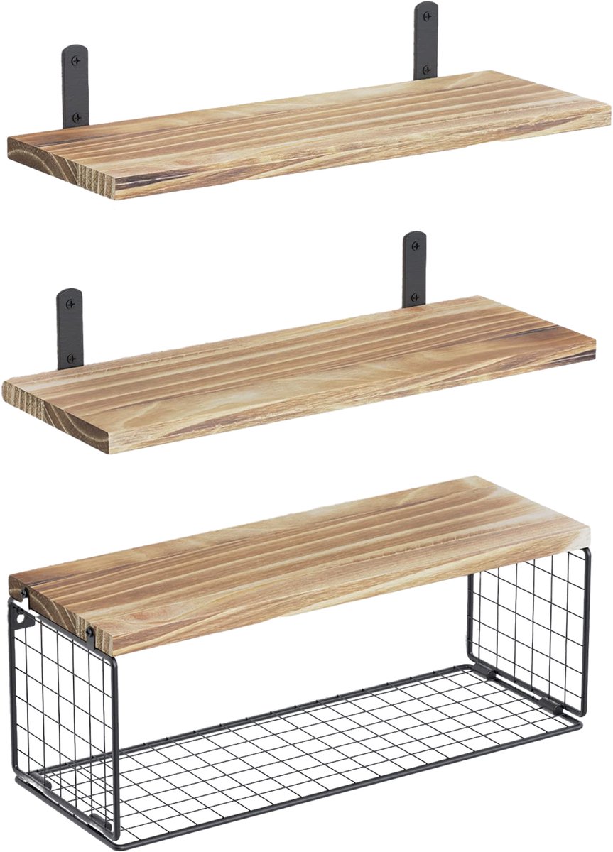 COVREO Wandplank badkamer 42x16x7 cm bruin hout, met metalen opbergbak
