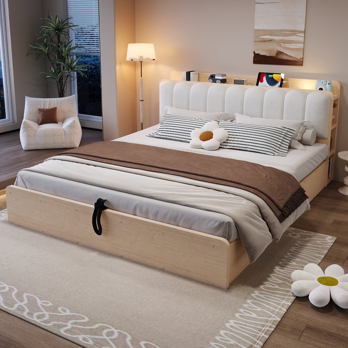 DESMIU Bedframe 180 x 200 cm met Opbergruimte Hydraulisch Geheven Gepolsterd Hoofdbord Usb En Nachtlamp Lattenbodem Hout Wit Zonder Matras