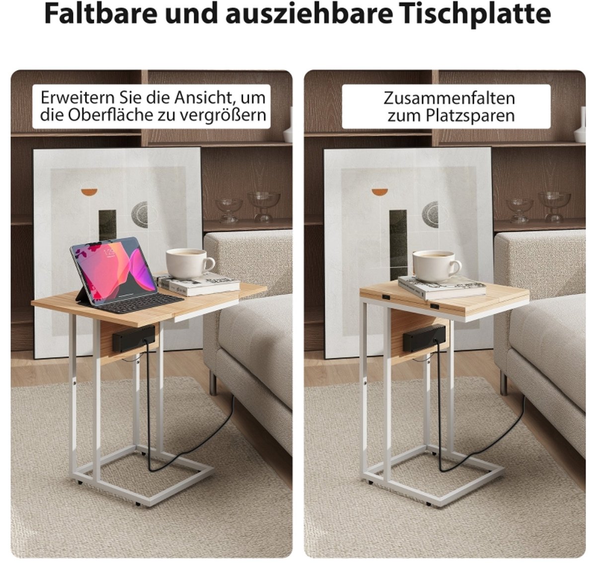 COVREO Bijzettafel 39 x 29 x 57 cm wit metaal, opklapbaar met laadstation