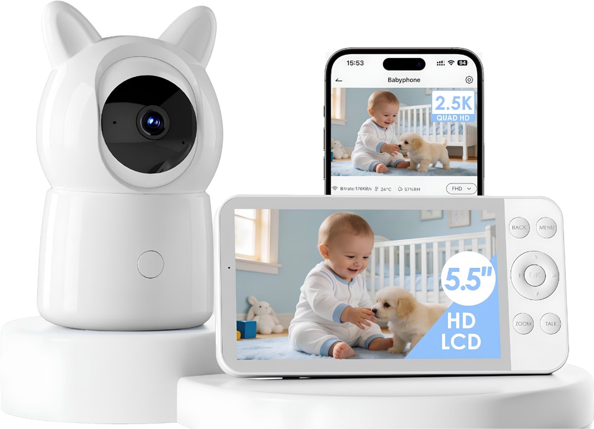 Lìon® Babyfoon - Baby Monitor - Babyphone - Babyfoon met Camera - Wit - 7cm x 7cm x 15cm