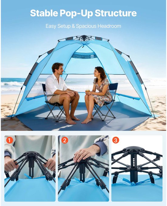 Pop-Up Strandtent/Zonnescherm voor 4 Personen, UPF 50+ Bescherming, Draagbare Tent met Tas en Grondankers, Lichtgewicht Parasol voor Kamperen, Vissen en Picknicken van POP — afbeelding 4