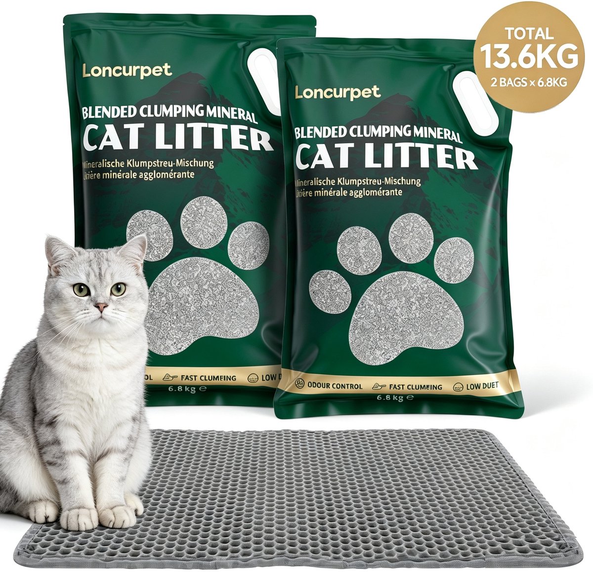 Loncurpet - Kattenbakvulling - Met Kattenbakmat - Kattengrind - 2 x 6,8kg - Natuurlijk Gemengd Ruw Erts - Hoge Vochtabsorptie - Stofvrij - Plakt Niet aan pootjes & bodem