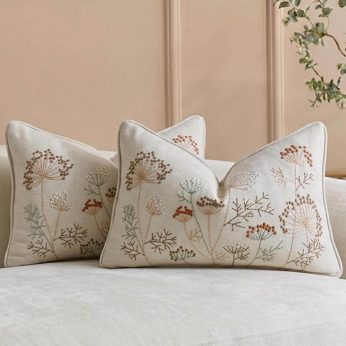2 Stuks Geborduurde Lendenkussenslopen - 30x50 cm - Chenille met Paardenbloem Borduurwerk - Cremebeige - Voor Bank