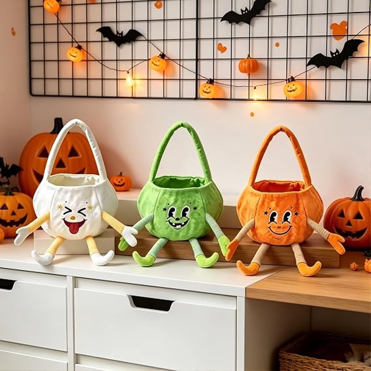 3 Stuks 3D Cartoon Halloween Pluche Tassen – Oranje Groen en Wit – Trick-or-Treat – Grote Inhoud – Voor Kinderen