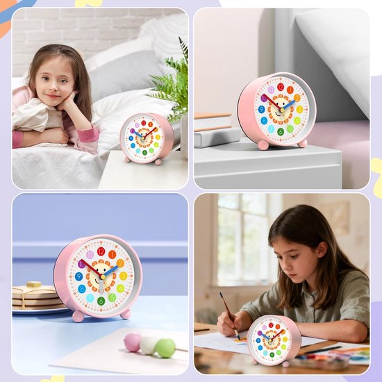 Kinderwekker Analoge Klok - Leerwekker Kinderen - Tijd Leren Lezen - Geruisloos Uurwerk - 10 x 10 cm - Roze — afbeelding 5