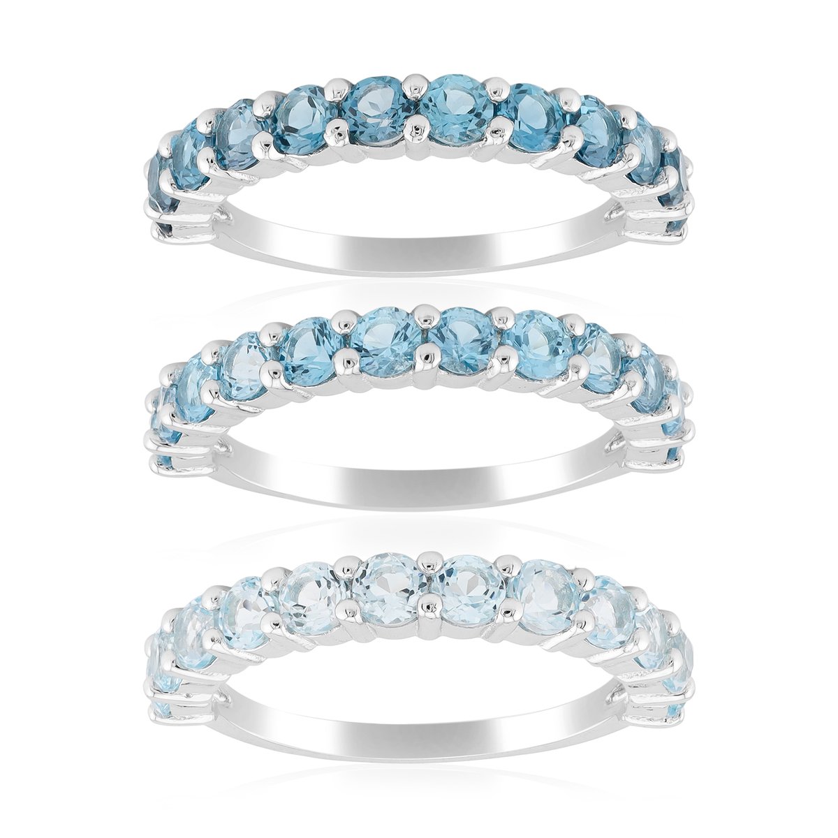 Cavill - Set van 3 Zilveren Ringen - 925 Sterling Zilver - Blauwe Topaas Rond 3,879 ct - Elegante Gestapelde Topaasringen - Braziliaanse Edelstenen
