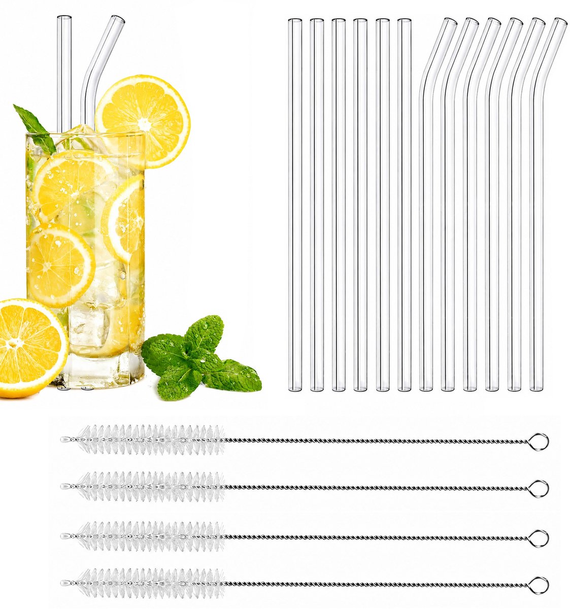 Kaiyaya - set van 12 glazen rietjes - transparant en herbruikbaar - met schoonmaakborstels - 215 mm - voor cocktail, smoothie en feest