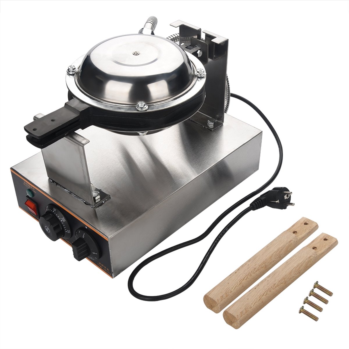 Professioneel horeca wafelijzer met timer - Professionele enkele wafelijzer - Roterend - Anti-aanbak ronde bakplaten - Wafelmaker van RVS / INOX - 335 × 220 × 255 mm (DxBxH) - Zilver en zwart
