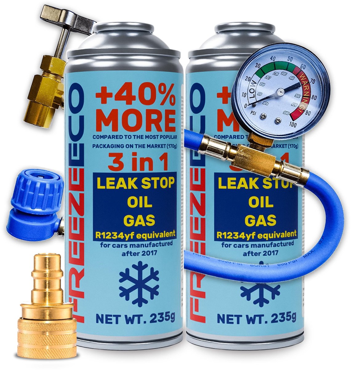 Elzusha - Koelmiddel R1234yf voor Auto Airco - 2 Cans 3-in-1 met Drukslang en Adapter