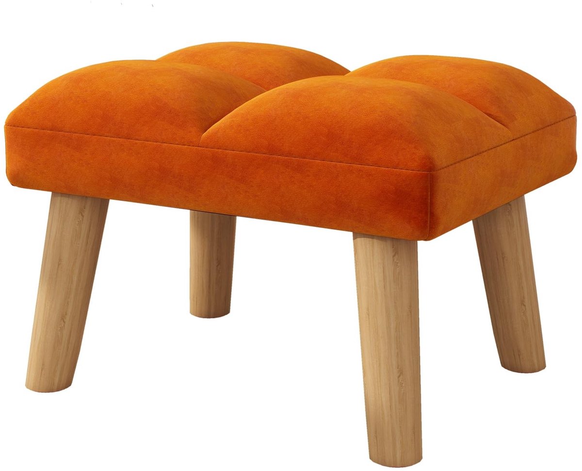 Elzusha - Kleine Fluweel Poef met Houten Poten - Oranje - 40x30x27 cm