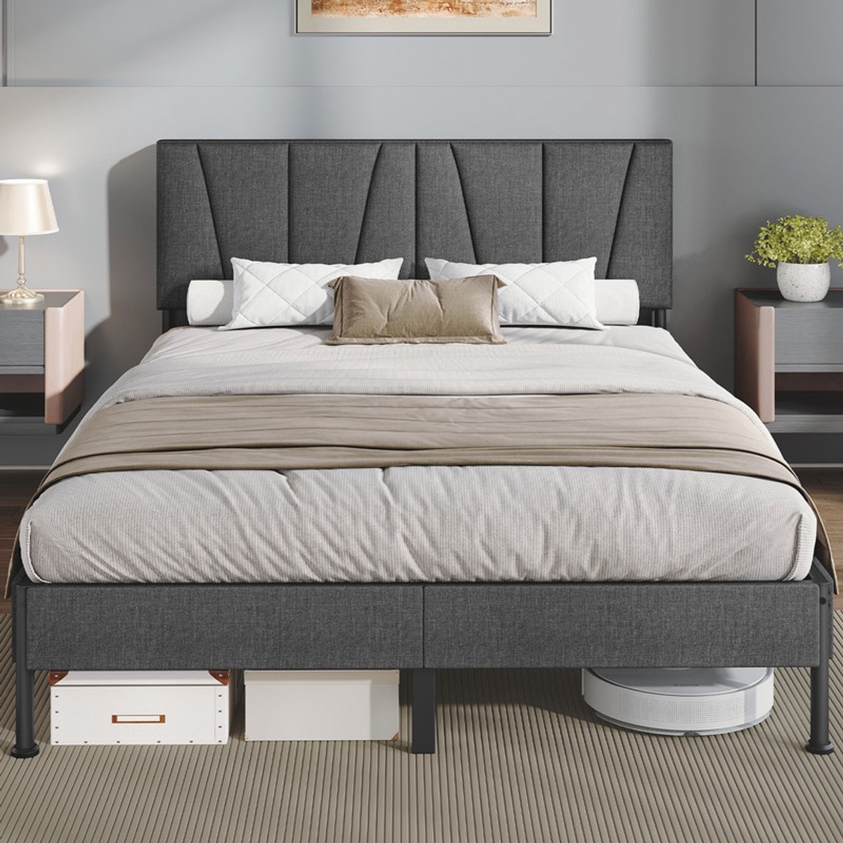 Hzuaneri Bedframe 140 × 200 cm, Tweepersoonsbed met Gestoffeerd Hoofdbord en Metalen Lattenbodem, Donkergrijs