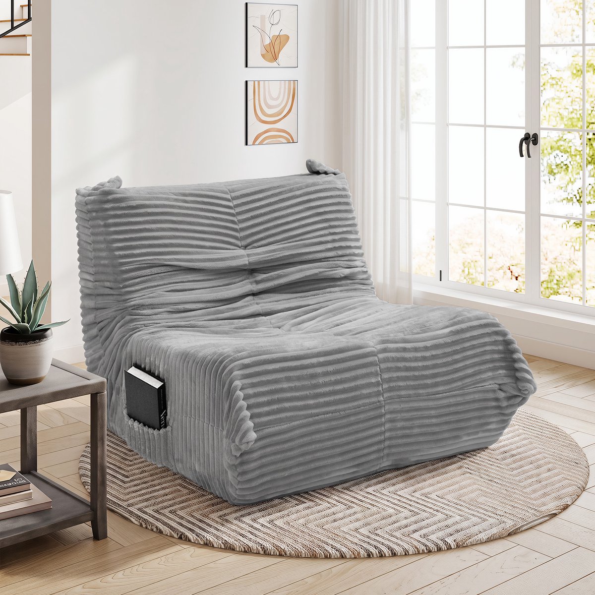 Puluomis Zitzak sofa - Fauteuil met Poef - Flueel Fleece - 30D spons - 90x100x69cm - Grijs