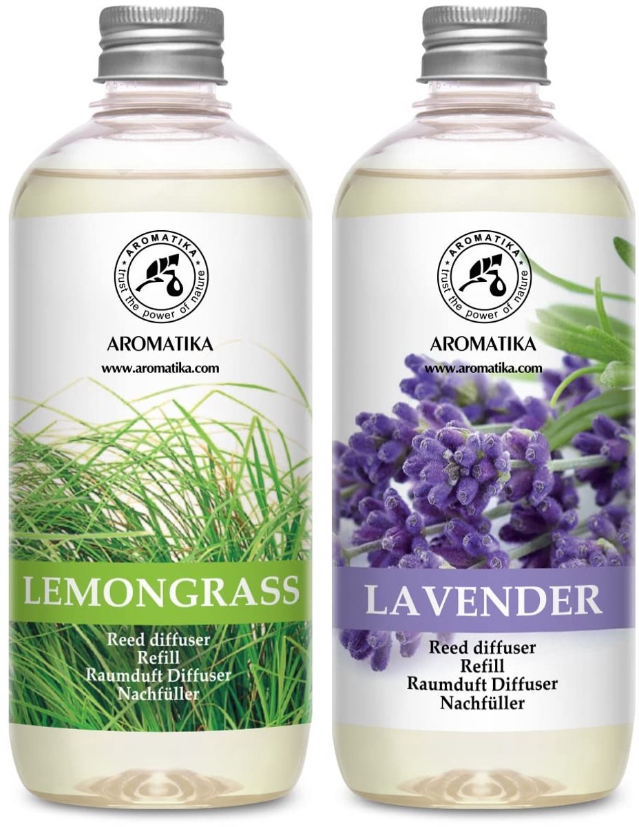 Elzusha - Navulling Geurstokjes Lavendel & Citroengras 2 x 500 ml - Natuurlijke Essentiële Olie