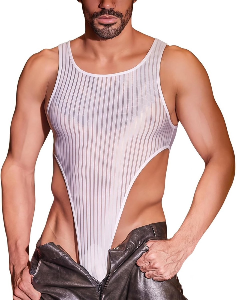 Transparante Lingerie voor Mannen - Mouwloze U-Hals Sexy Thong Tanktop van Mesh voor Nachtkleding en Cluboutfit