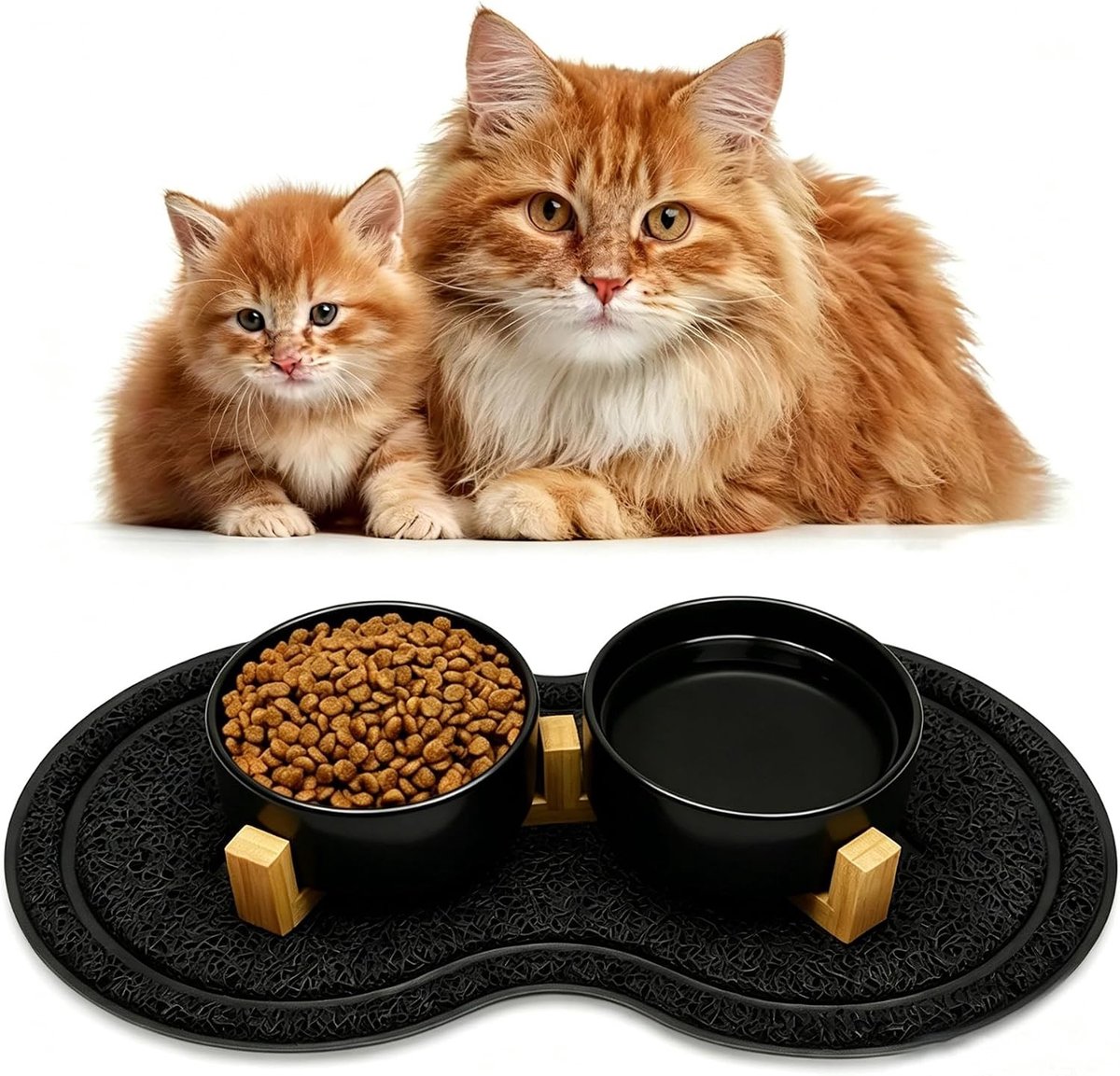 Verhoogde Voerbakken voor Katten, Dubbele Keramische Voerbakset met Bamboe Stand en Antislipmat voor Kleine en Middelgrote Honden, Ideaal voor Voeding en Water