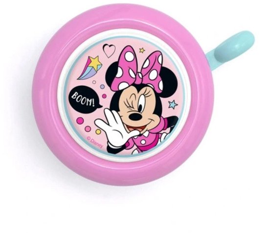Roze fietsbel met lichtblauwe hendel en een afbeelding van Minnie Mouse met de tekst BOOM! in een hartje.