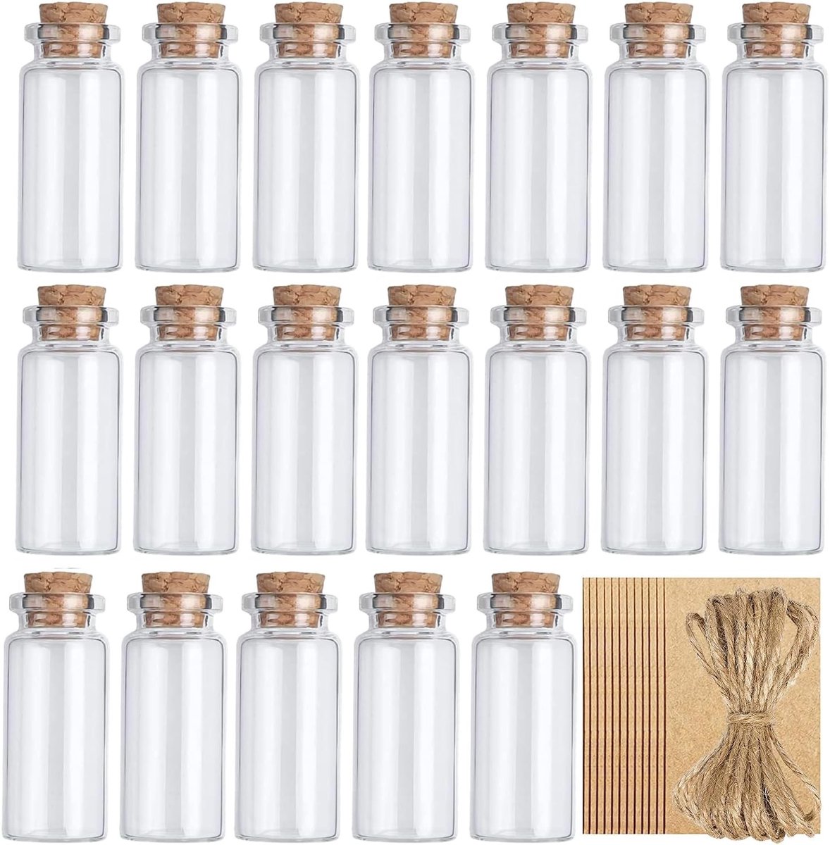 Kleine Glazen Flessen 10 ml - Set van 20 Stuks voor DIY Decoratie, Trouwen en Feestjes met Kurk en Labels