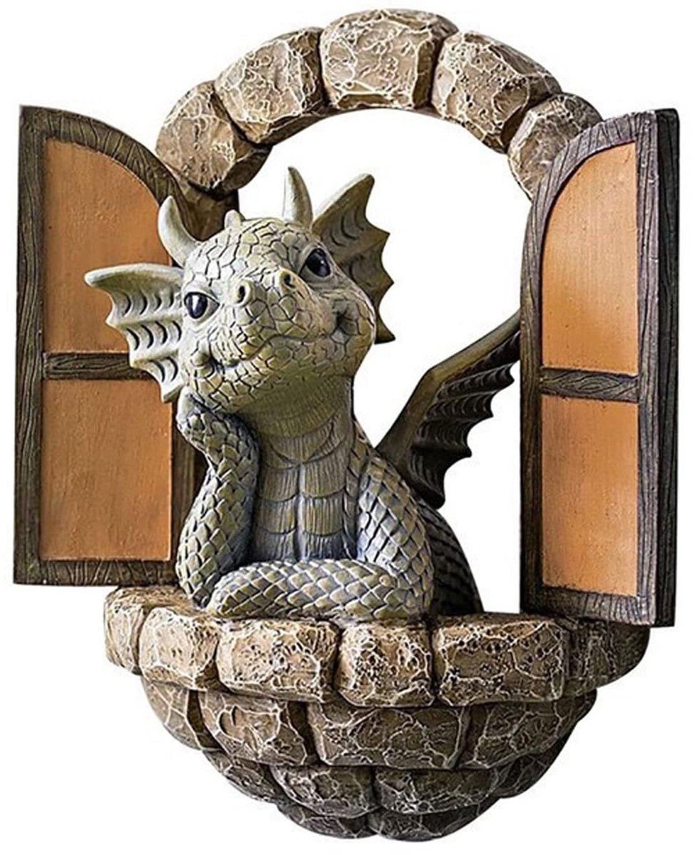 Draken Tuinbeeldje - Kleine Hars Decoratie Figuren voor Tuin & Muur - Sierlijke Drakenornamenten voor Gazon, Bloempotten, Terras & Buitenruimte - Unieke Tuinversiering