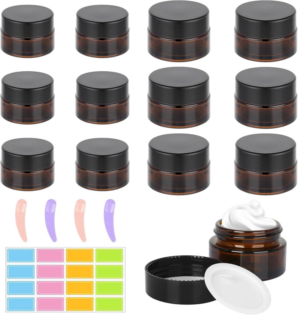 12 Stuks Bruine Glazen Container met Stickers en Lepel - 20ml - 30ml Amber Glazen Lege Potjes - Navulbare Bruin Glas Cosmetische Potten voor Crèmes Lotions Oliën
