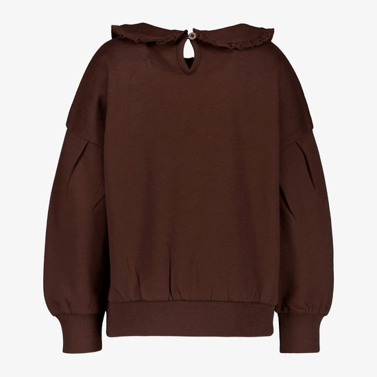 Donkerbruine sweater met ruche kraag en pofmouwen.