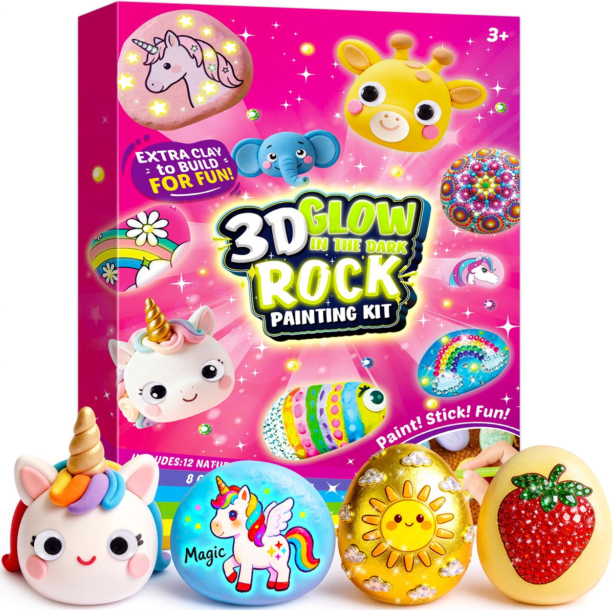 Wootoy Knutselpakketten - Schilderen Set voor Kinderen - Glow in the Dark Stenen Knutselen - Creatieve Knutselset Roze - Cadeau voor meisjes van 6-12 jaar
