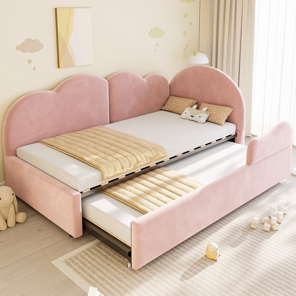 VVBV Bedbank 90x200 cm - Uitschuifbaar, Ruimtebesparend, Gestoffeerd Hoofdbord - Roze, Stof