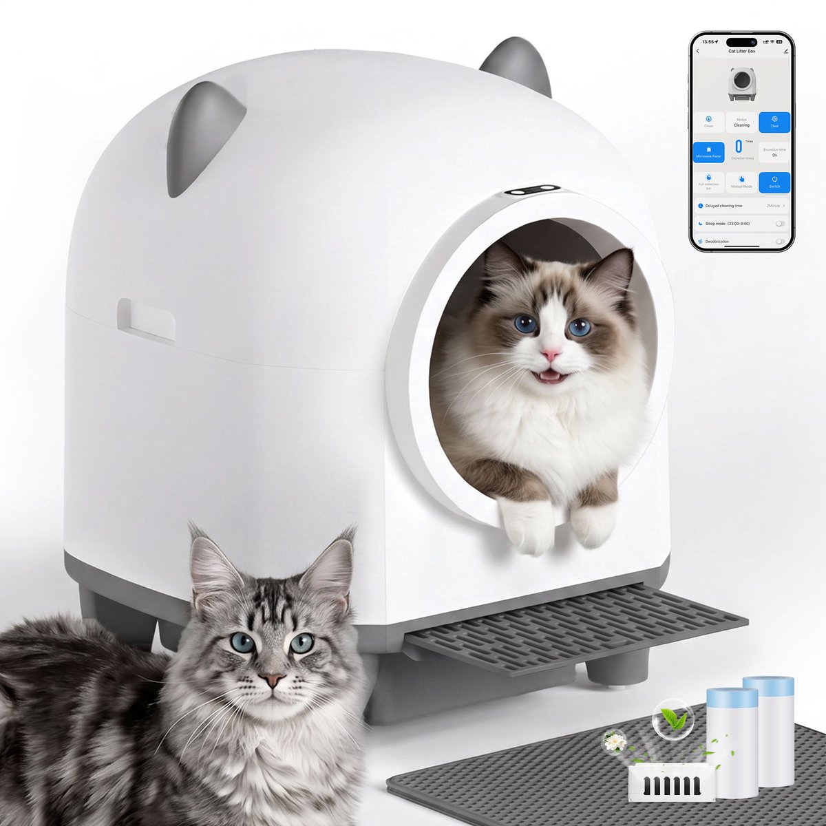 Devoko Automatische Kattenbak XXXL- Zelfreinigende Kattenbak 90L- Vorm van kattenoren - 7-voudige veiligheidsbescherming - Inclusief vuilniszakken en voetkussentjes - Stille werking en nachtmodus - Geschikt voor huishoudens met meerdere katten