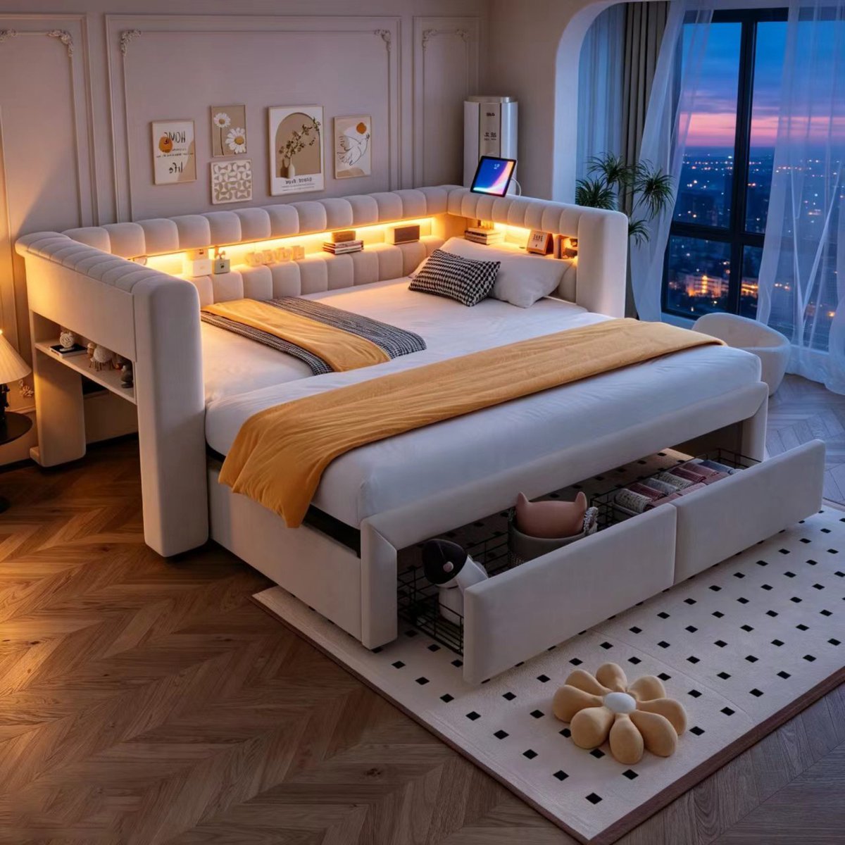 VVBV Bedbank 90/180x190 cm - Uitschuifbaar, USB & Type-C, Opbergruimte, LED-Verlichting - Beige, Fluweel