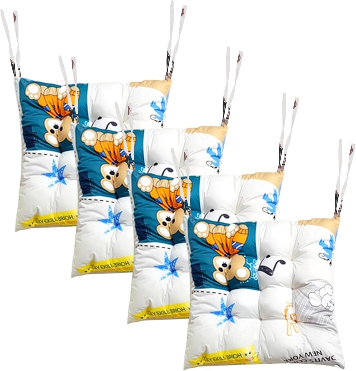 Cartoon Stoelkussens Set van 4, 40 x 40 cm, Tuin, Eetkamer en Studie Kussens met Straps voor Comfort en Decoratie
