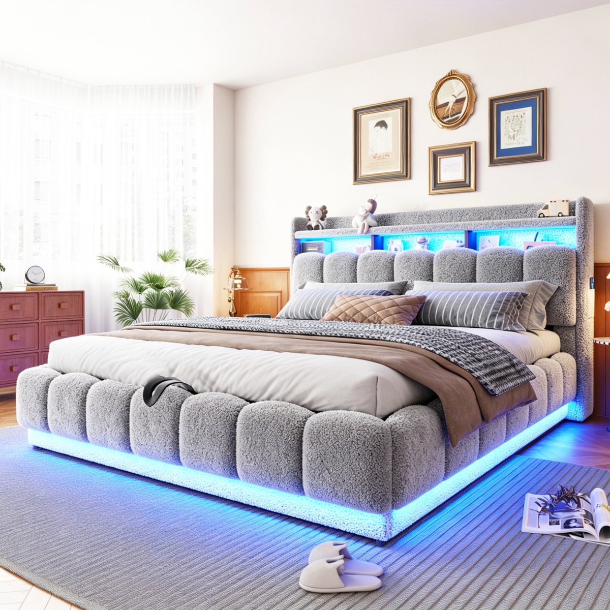 VVBV Tweepersoonsbed 180x200 cm - Hydraulische Opbergruimte, USB-Aansluiting, Stopcontact, LED-Verlichting - Grijs, Metaal