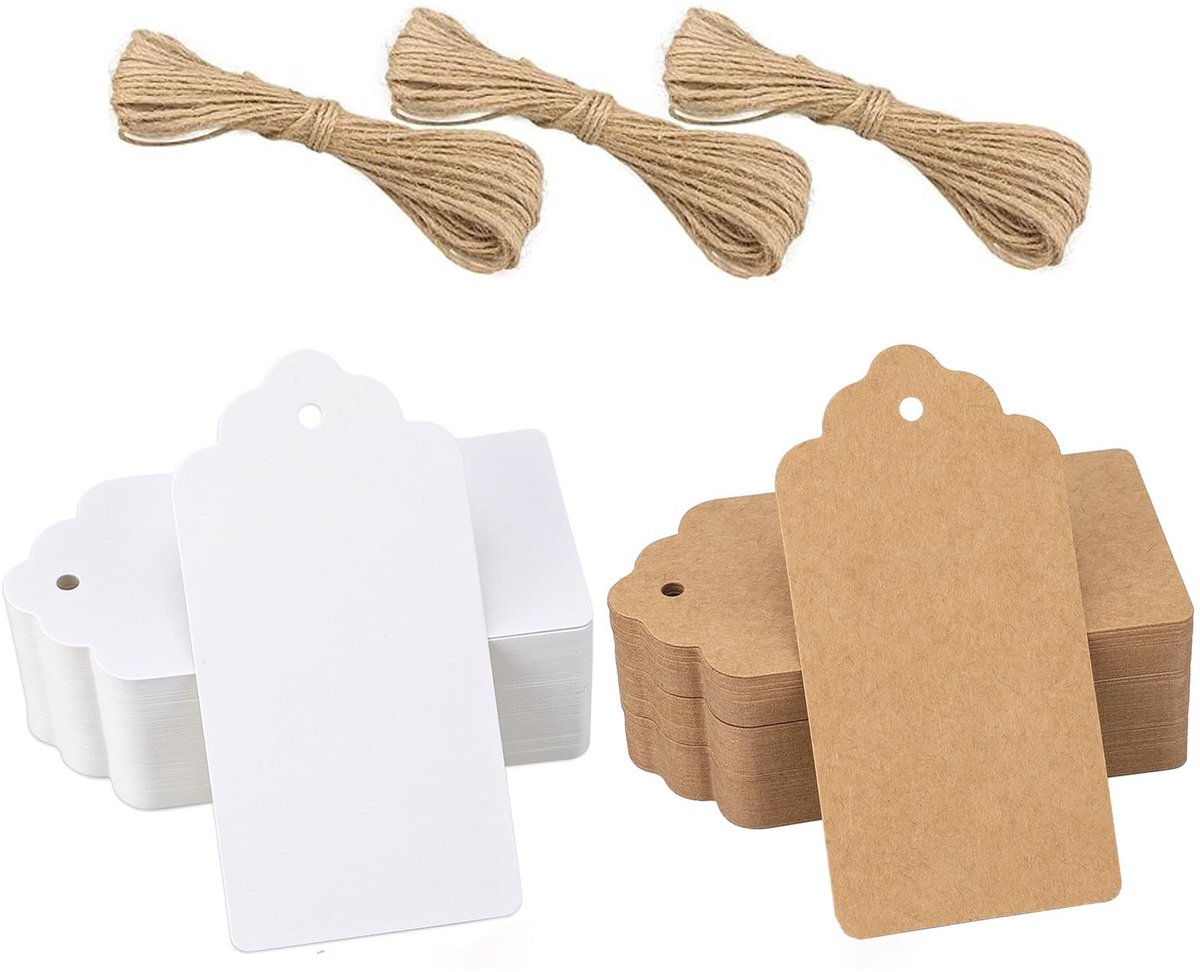 SolidKeus - Kraft Papieren Cadeau Labels 10 x 5 cm, 200 Stuks met Jute Touw
