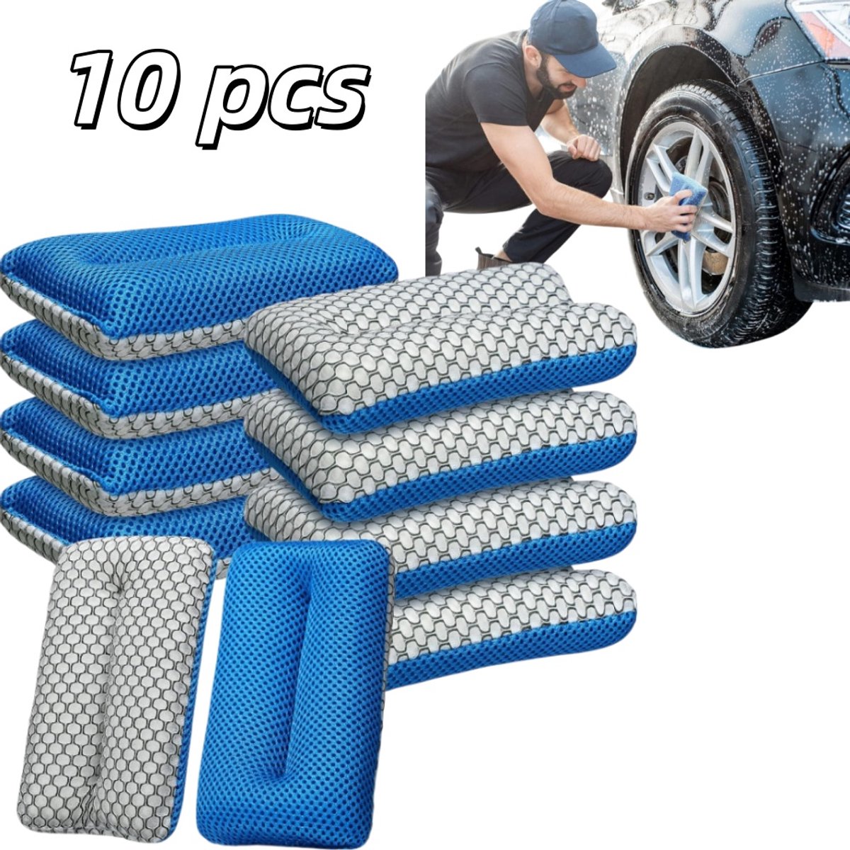 10 stuks - Dubbelzijdige reinigingsspons - Honingraat microvezel - Autowasspons - Vlekverwijderende spons - 17x9x3cm - Voor het reinigen van teer en vuil op auto's, motoren en boten - Blauw/Grijs