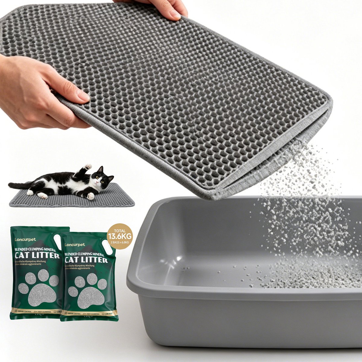 Loncurpet Kattenbakmat - 60x40cm Grijs - Met Natuurlijk Ruw Erts Kattenbakvulling - Kattenbakvulling Opvang ruimte - Grit opvanger Uitloopmat - Honingraatstructuur - Waterdicht - Eco friendly - Kattenmat
