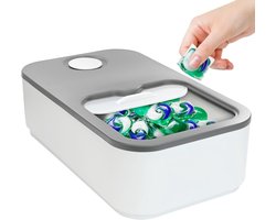 Wascapsule-opbergcontainer - voor 100 waspods - wasmiddelbox met schuifdeksel - 38*22*11.5cm - wasmiddelhouder voor waspoeder - Ideaal voor Wasruimte Organisatie en Opslag - wit en grijs