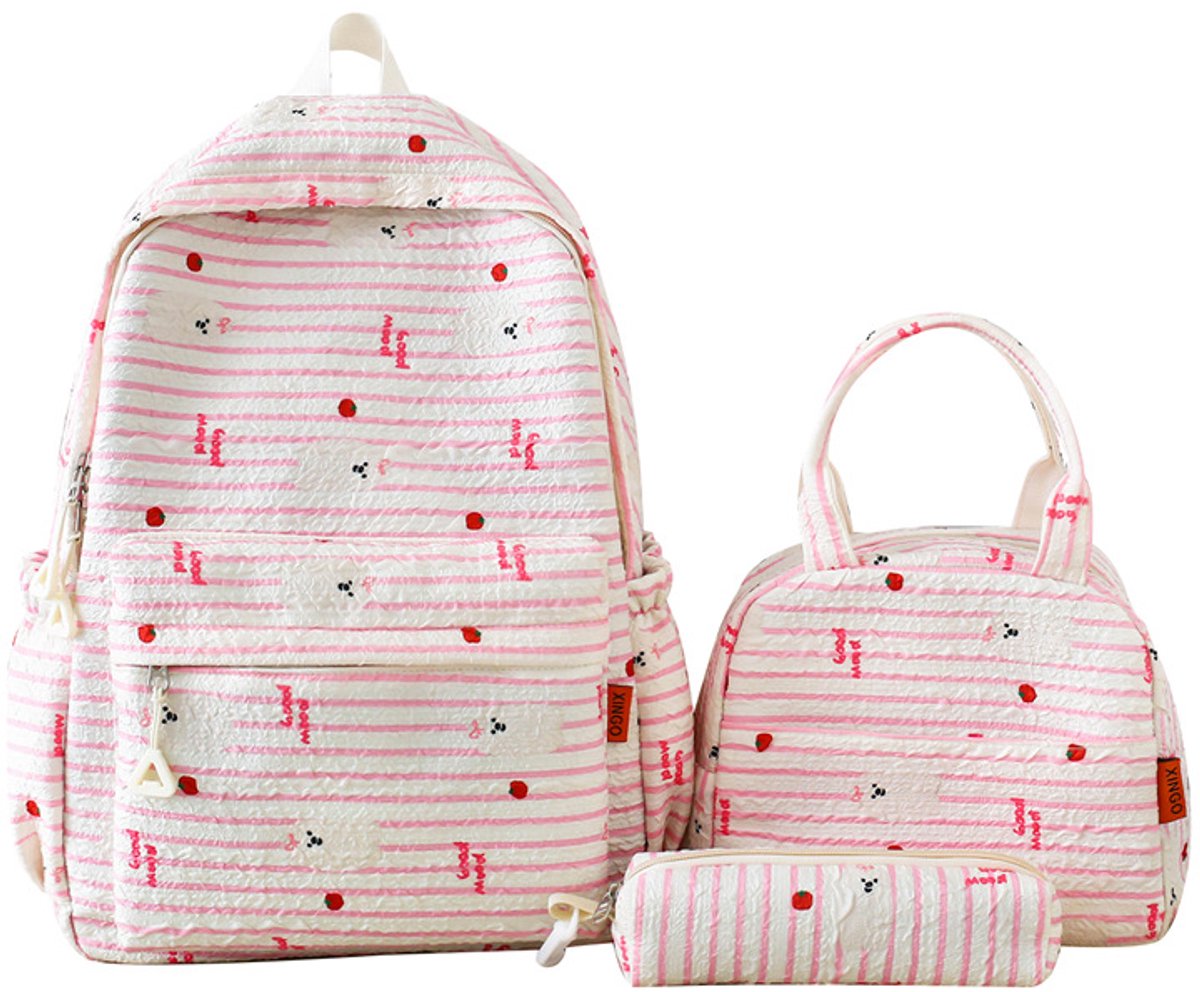 3-delige Rugzak Set Meisjes – Schoolrugzak met Lunch Tas en Etui – Lichtgewicht Nylon – Grote Rugzak voor School en Dagelijks Gebruik– 42 × 30 × 14 cm –Roze