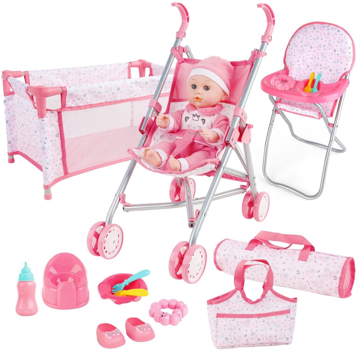 SolidKeus - Baby Doll Speelset met Kinderstoel en Reisbed
