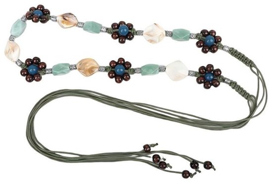 Vintage heupriem met bloemen van bruine kralen en blauwe accenten, afgewisseld met lichtgroene en crèmekleurige kralen en schelpen.