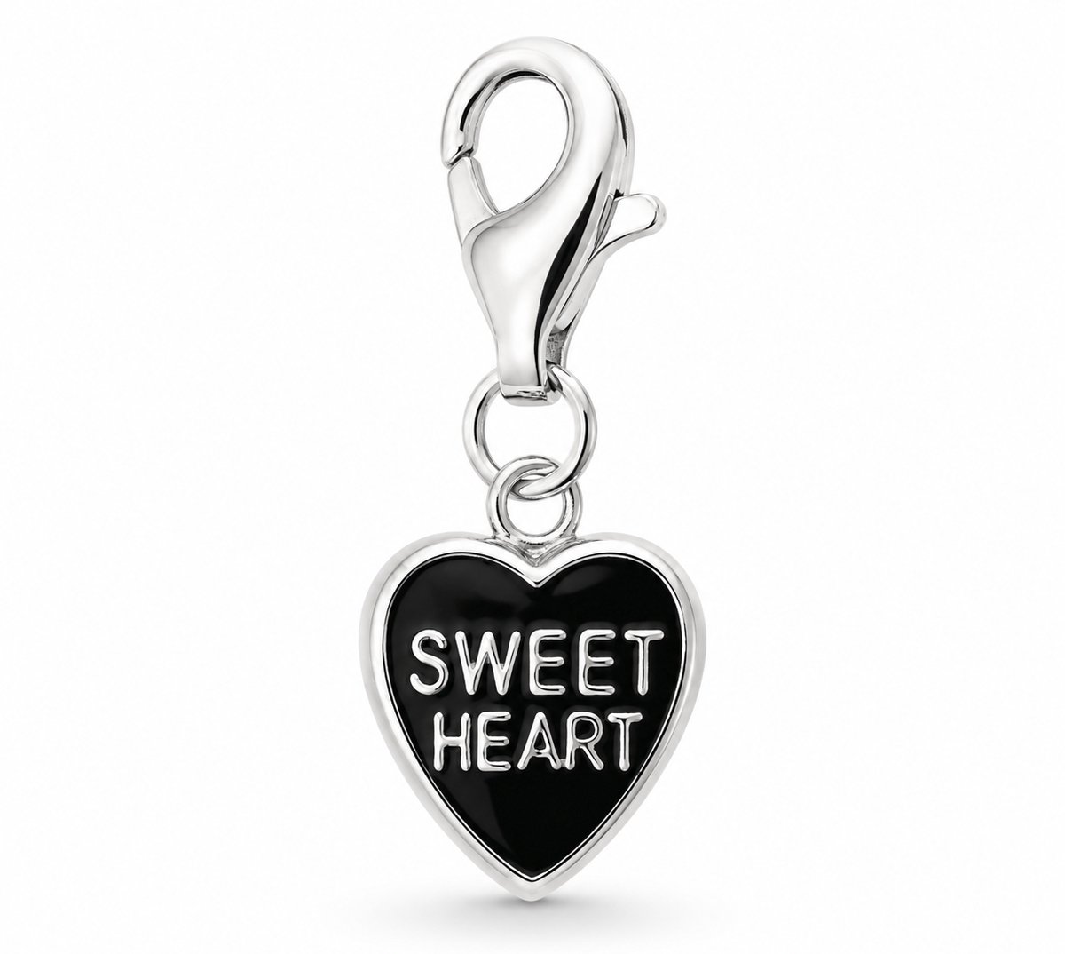 Mbrace 925 Sterling Zilveren Sweet Heart Bedel – Gerhodineerd – Zwart Emaille – Hart Charm met Karabijnsluiting – 25 mm