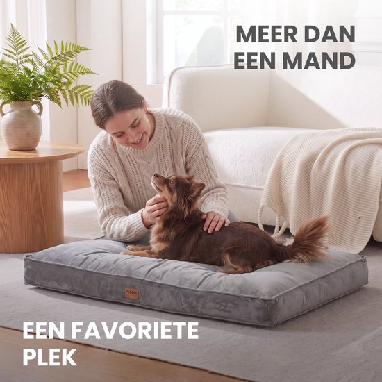 Vrouw aait bruine chihuahua op een grijs, fluwelen hondenkussen. Tekst 'MEER DAN EEN MAND' en 'EEN FAVORIETE PLEK'.