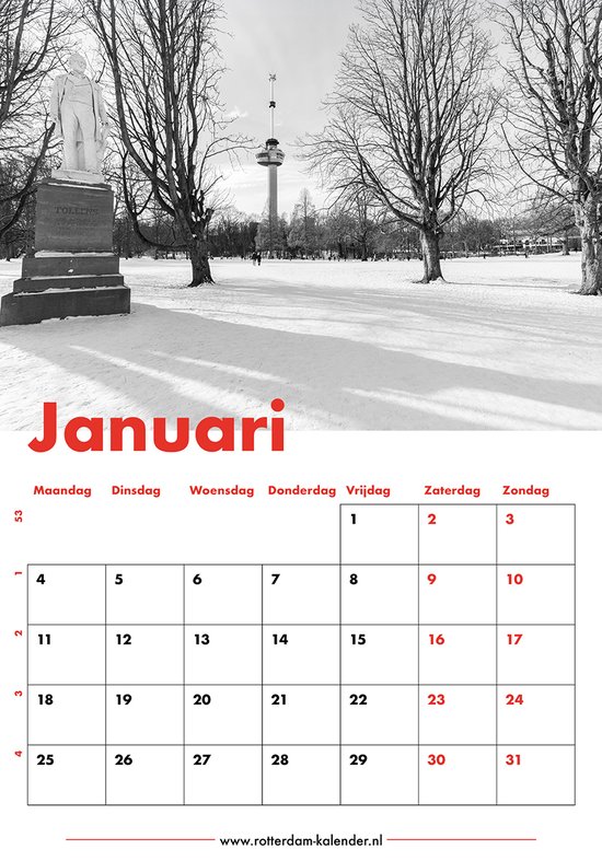 Kalenderpagina Januari met een winterlandschap in het park met een standbeeld en de Euromast in de verte.