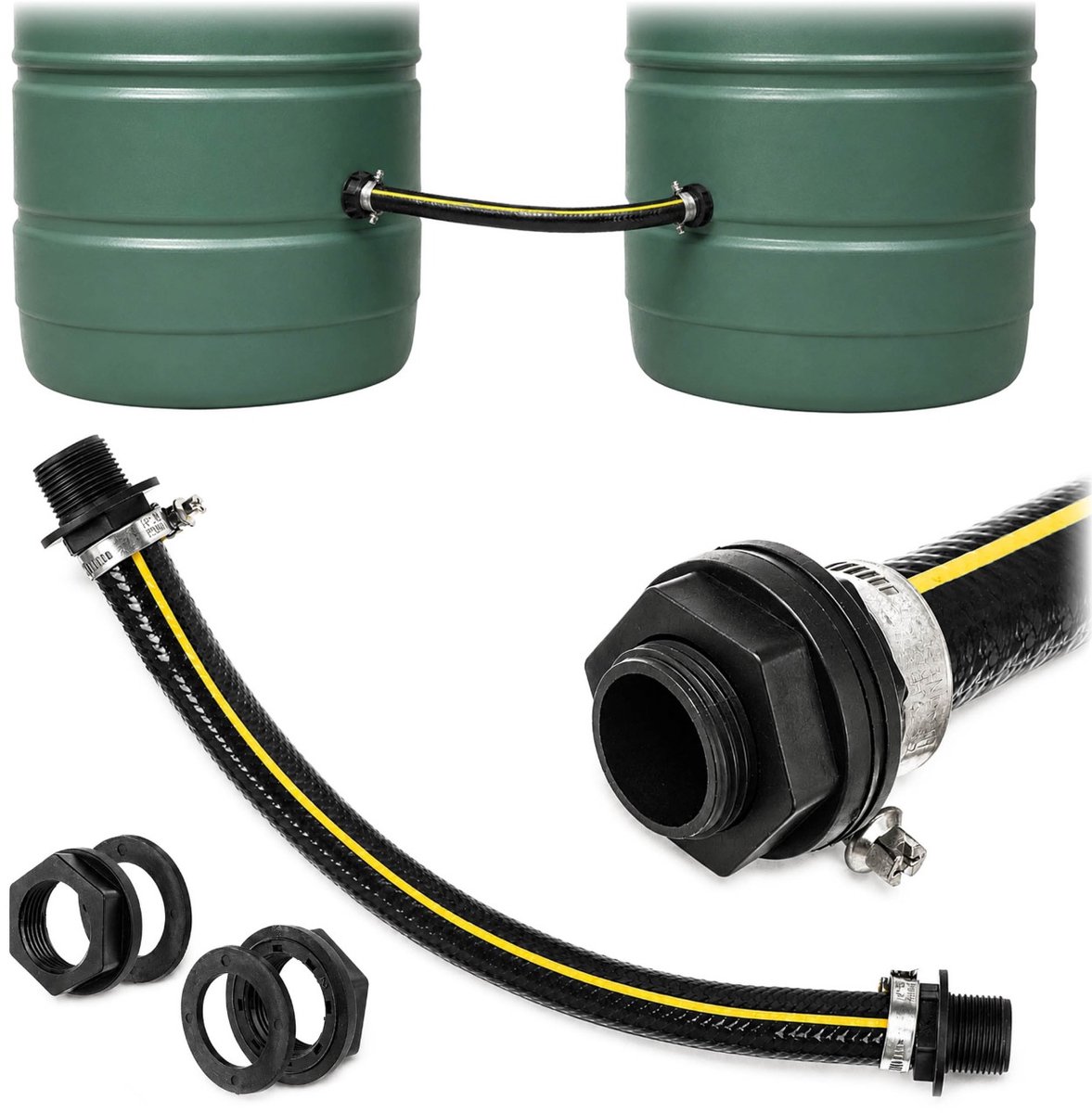KADAX aansluitset voor regentonnen, regentonverbinder met een aansluitslang van 35,5 cm en een 3/4 inch-aansluiting, verbinder voor twee regenwaterreservoirs