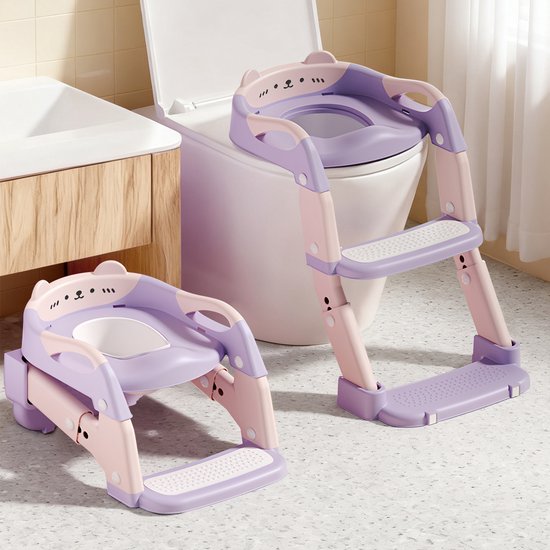 Paarse en roze potjestrainer met antislip trappetjes en een teddybeer-ontwerp.