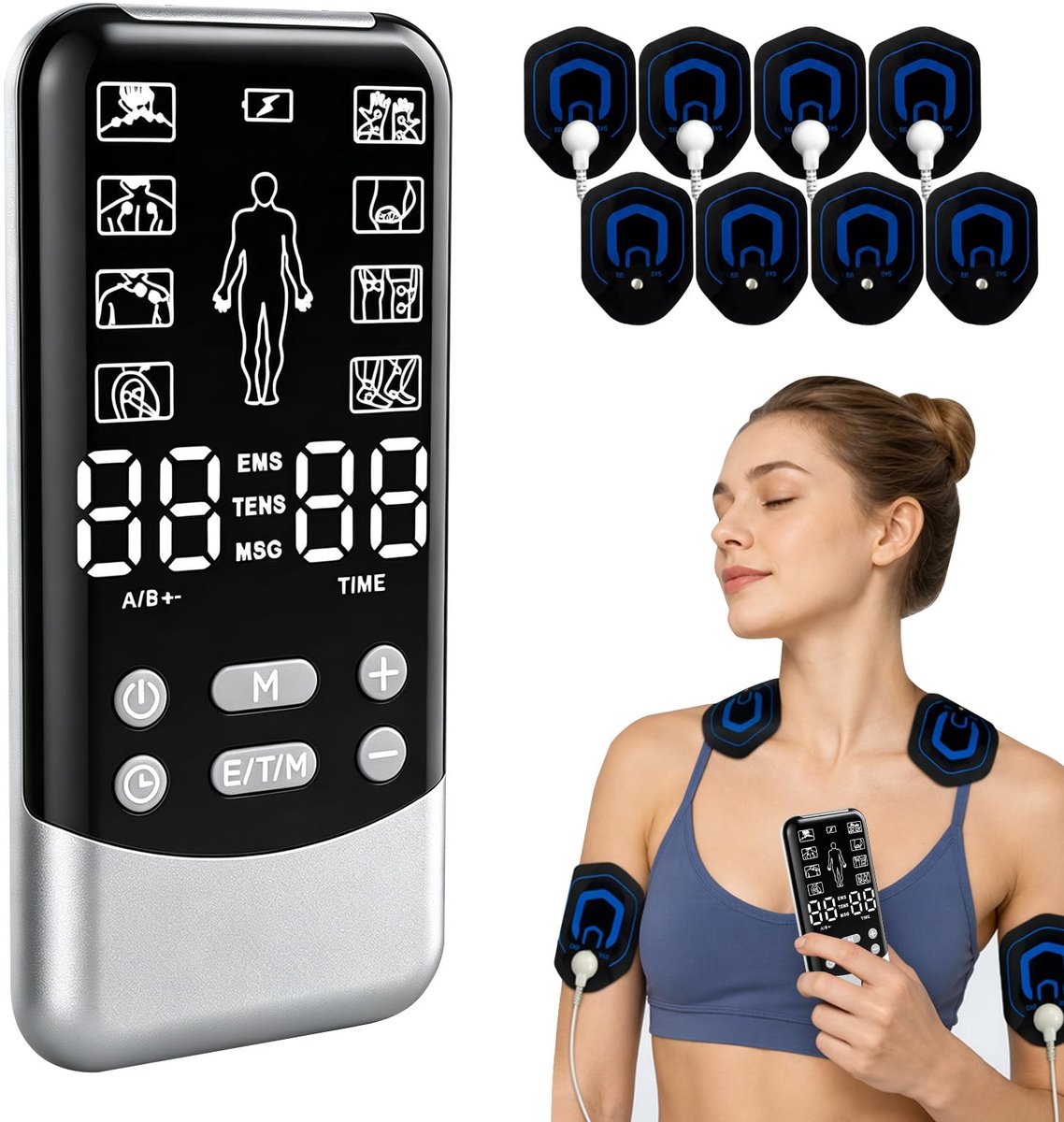 Namajunas - 3-in-1 apparaat pijn therapie - Met 8 elektroden pads - TENS pijn verlichting apparaat - Dubbele uitgang - Effectieve pijn verlichting - Geschikt voor een combinatie van meerdere therapiemodi, zoals spierontspanning en meridiaanstimulatie